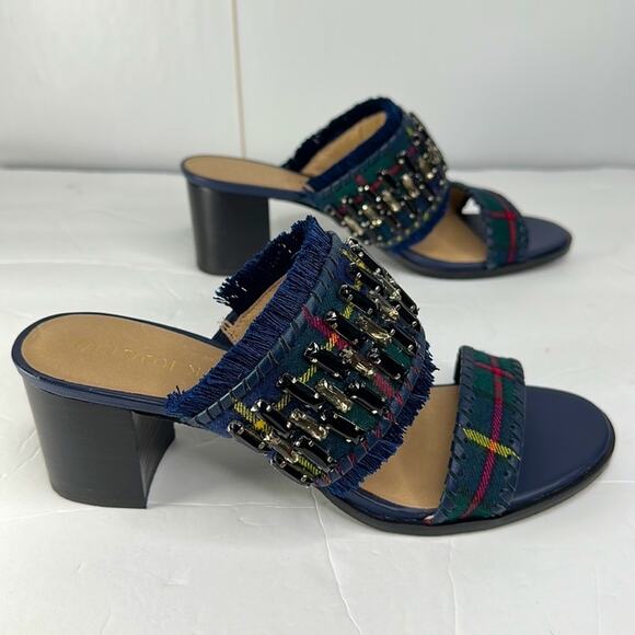 Jack Rogers Beatrix Bejeweled Plaid Block Heel Sandal Navy Green Size 9 New - Picture 12 of 14